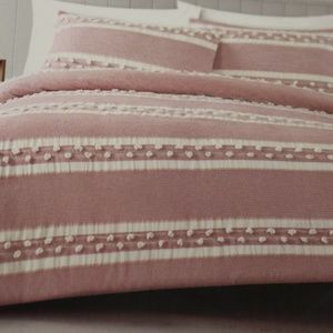 THE HOME FOUNDRY YARN DYED & WOVEN FULL/QUEEN DUVET COVER SET PINK/WHITE-NEW-3PC